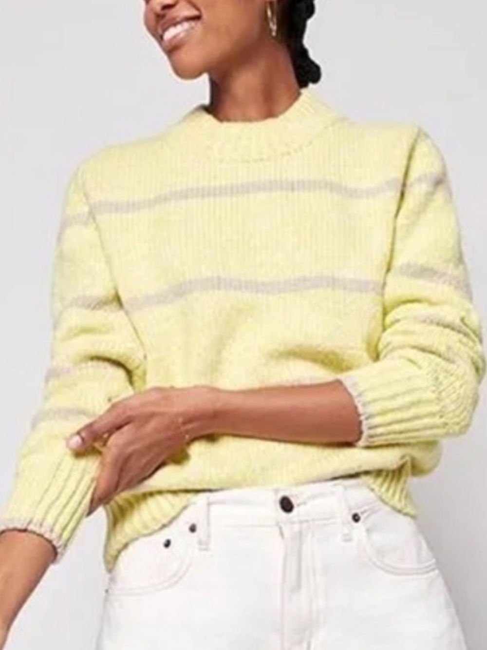 Faherty Pale Yellow Crewneck Sweater with Light Gray Stripes